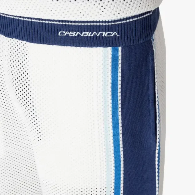 White & Blue Striped Mesh Track Shorts