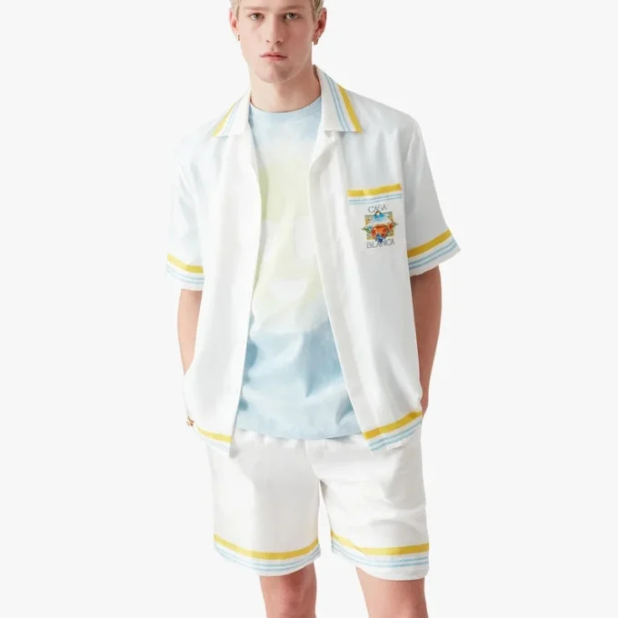 White Tennis Landscape Short Sleeve Silk Shirt