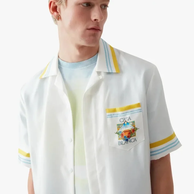 White Tennis Landscape Short Sleeve Silk Shirt